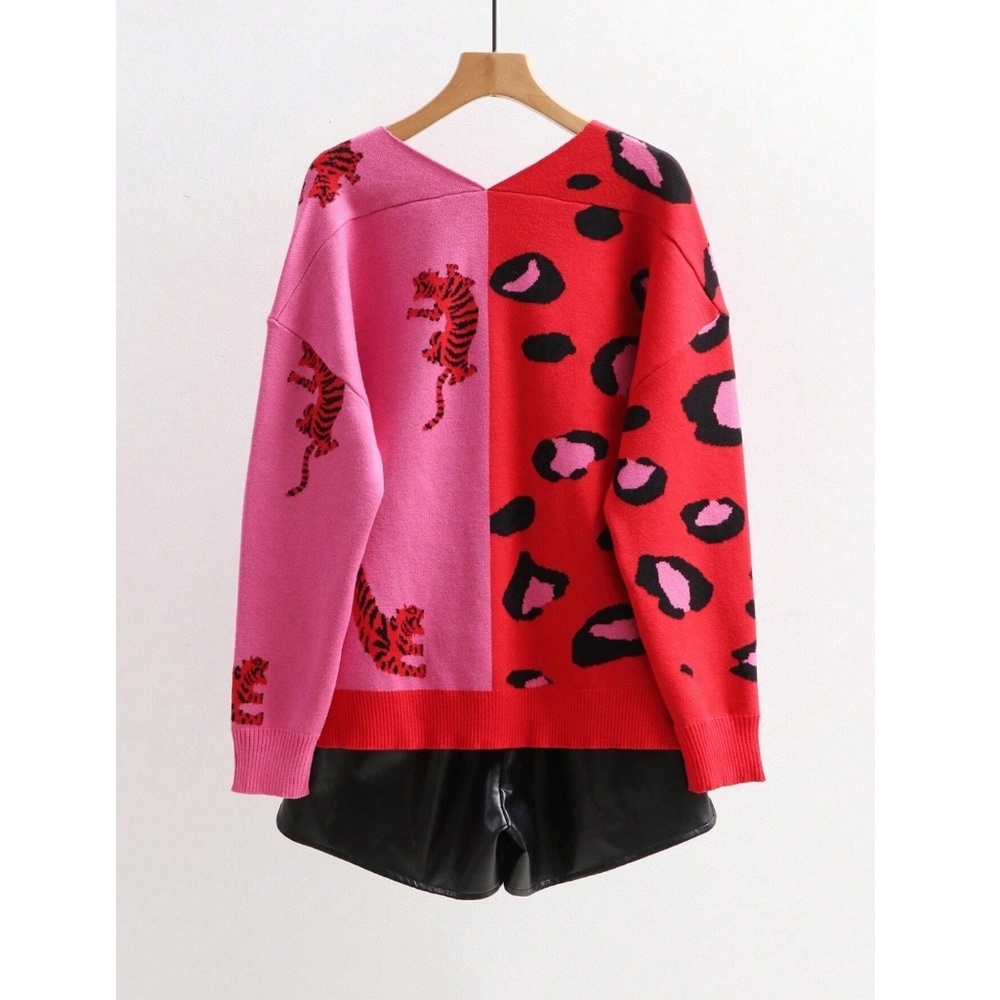 Red Pink Animal Print Button Down V-Neck Knit Cardigan - Picture 2 of 8